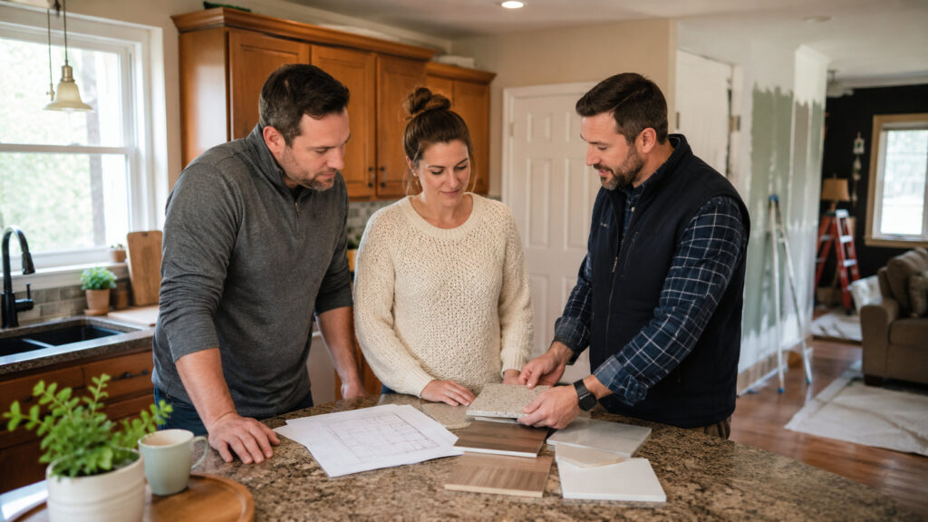Homeowners reviewing kitchen remodeling plans with a contractor in Bucks County, PA