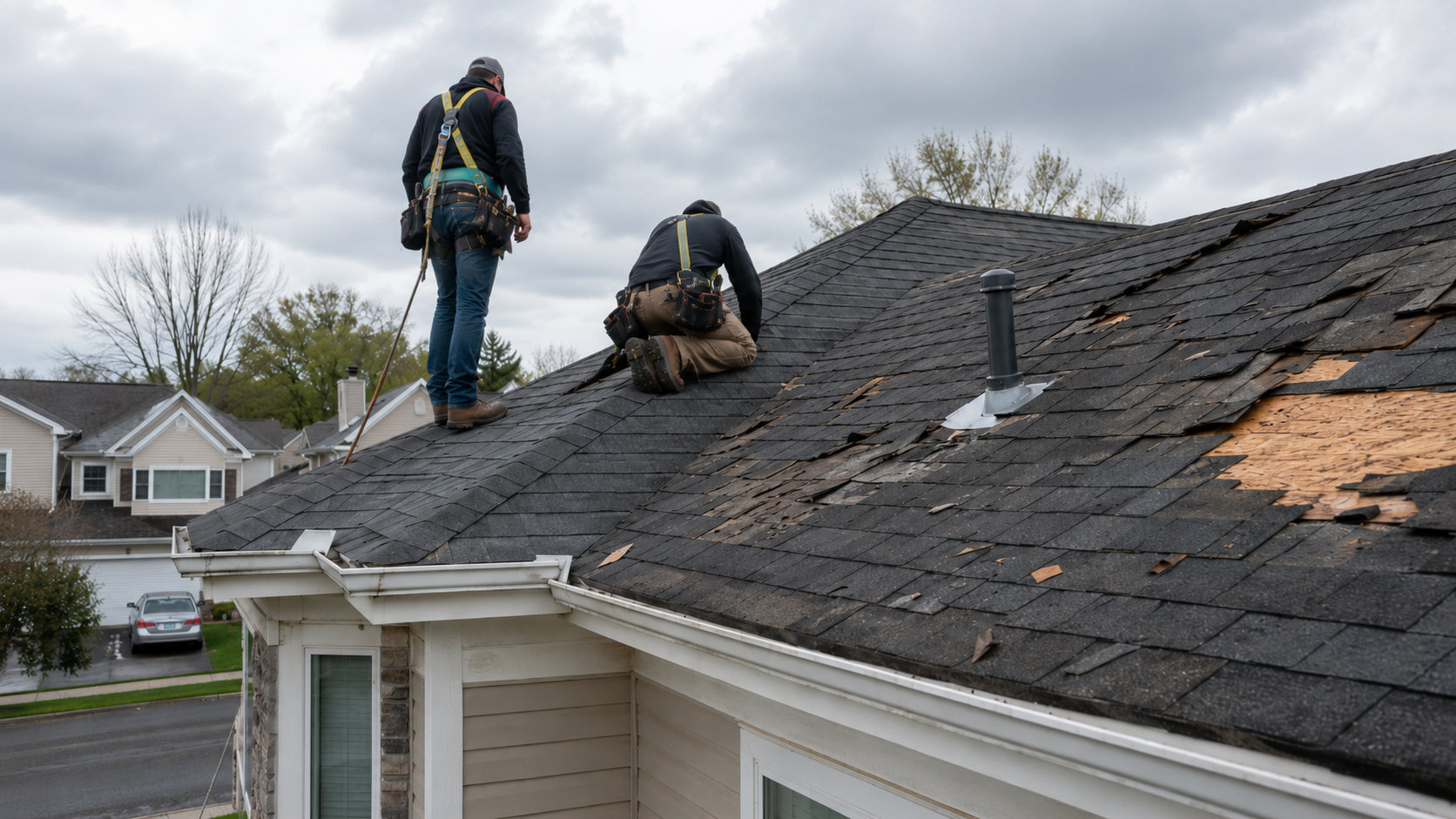 Roofers inspecting storm damaged asphalt shingle roof in Levittown, PA